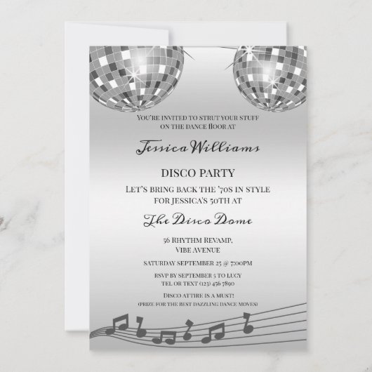 眩しいディスコボール70のディスコ誕生日 招待状 (裏面)