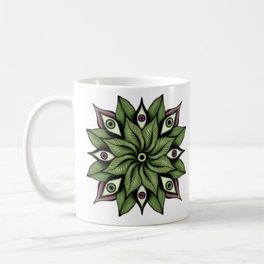 眼サイケデリック曼荼羅 – 花トリップ（幻覚体験）のような柄 コーヒーマグカップ (左)