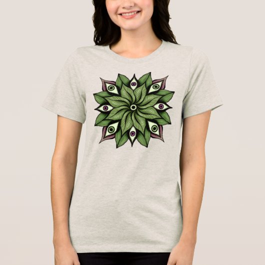 眼サイケデリック曼荼羅 – 花トリップ(幻覚体験)のような柄 トライブレンドTシャツ (正面)