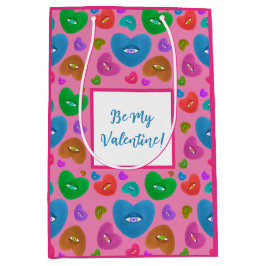 眼球数々の付きカラーハートラブバレンタイン ミディアムペーパーバッグ