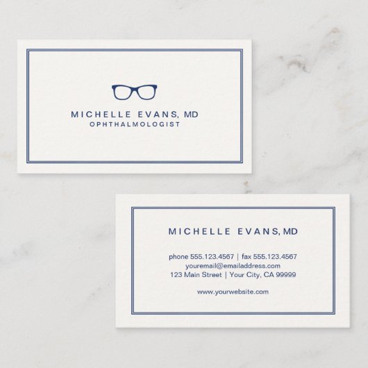 眼科医ネイビーブルーとアイボリー眼鏡 名刺 (正面/裏面)