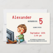 眼鏡つきビデオゲームのレベルアップ誕生日 招待状 (正面)