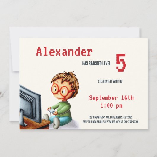 眼鏡つきビデオゲームのレベルアップ誕生日 招待状 (正面)