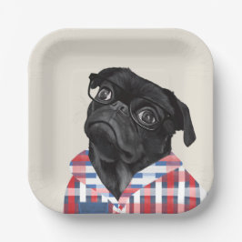 眼鏡とチェックシャツが付いたかわいい黒いパグ犬 ペーパープレート