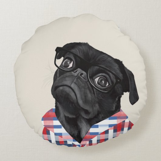 眼鏡とチェックシャツが付いたかわいい黒いパグ犬 ラウンドクッション (裏面)