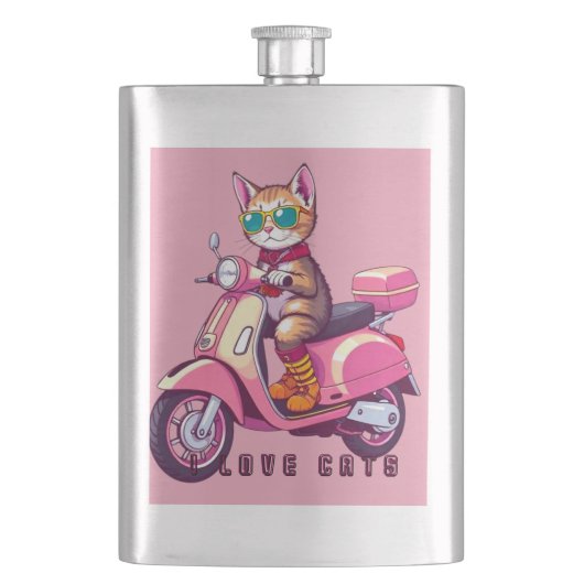 眼鏡とバイクが付いた可愛いピンクの猫 フラスク (正面)