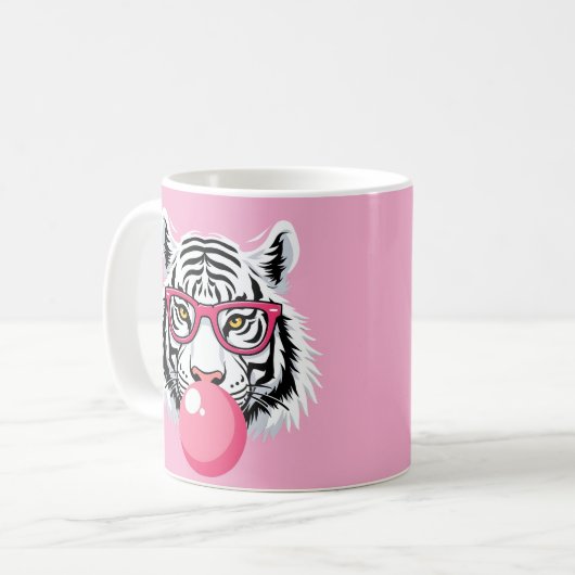 眼鏡とピンクのバ吹ブルガムを着たトラ コーヒーマグカップ (正面左)