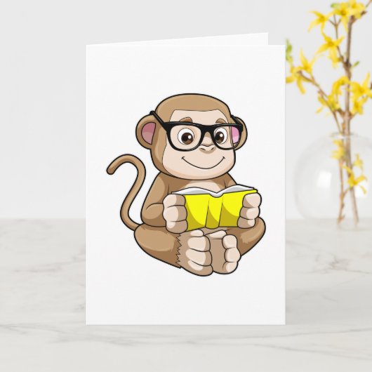 眼鏡と本を持つ学生の猿 カード (黄色い花)