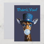 眼鏡と蝶ネクタイと青い帽子をかぶったキリンが青いガムをふくらませている サンキューカード (正面/裏面)