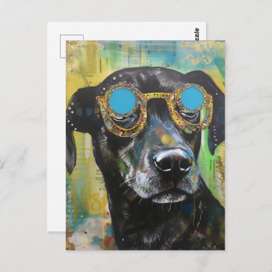 眼鏡のコラージュはがき入りのかわいい黒犬 ポストカード (正面/裏面)