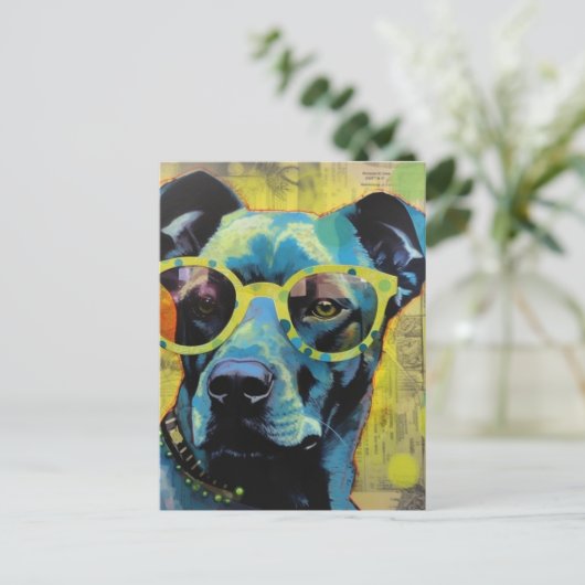 . .眼鏡のコラージュはがき内のかわいい犬 ポストカード (スタンド正面)