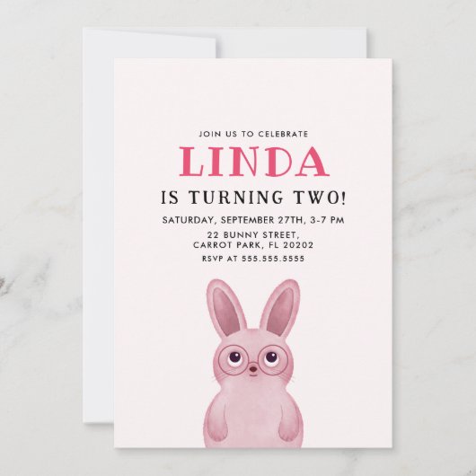 眼鏡の女の子の誕生日パーティー付きピンクバニー 招待状 (正面)