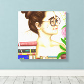 眼鏡の女性，本と花 キャンバスプリント (インサイチュ (ウッドフロア))