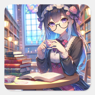 眼鏡をかけたかわいいアニメ読の少女 スクエアシール