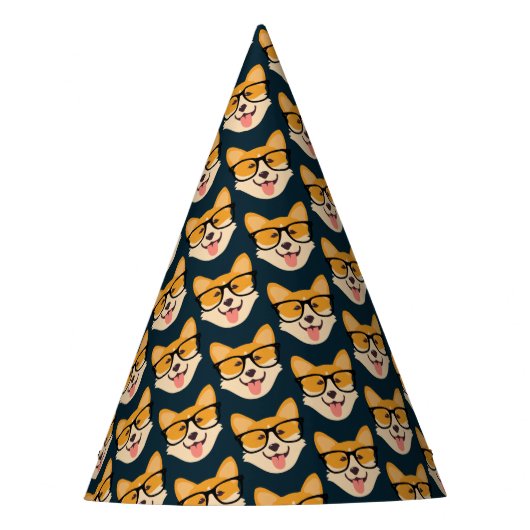 眼鏡をかけたかわいいコルギ パーティーハット (正面)