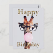 眼鏡をかけたキリンがピンクのガムを吹く ポストカード (正面/裏面)