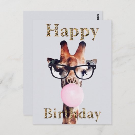 眼鏡をかけたキリンがピンクのバブルガムを吹く ポストカード (正面/裏面)