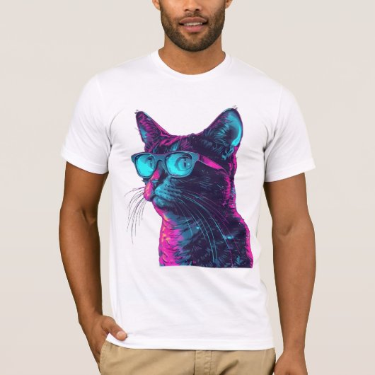 眼鏡をかけたネオンクールネコ Tシャツ (正面)