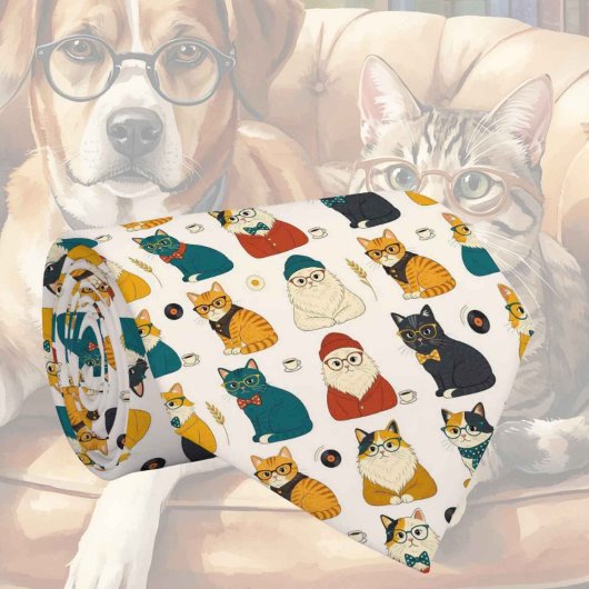 眼鏡をかけたヒップスター猫のイラスト ネクタイ