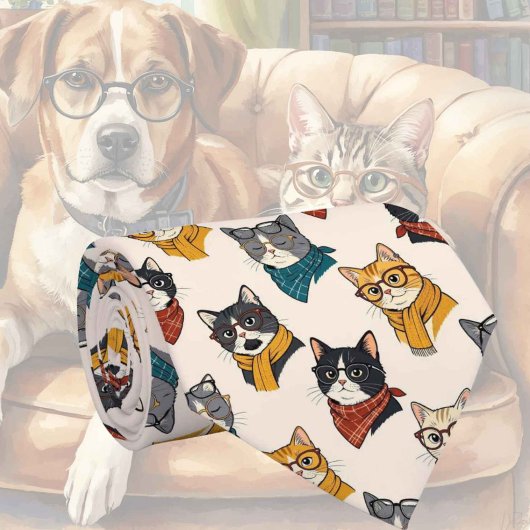 眼鏡をかけたヒップスター猫のイラスト ネクタイ
