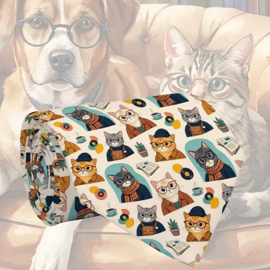 眼鏡をかけたヒップスター猫のイラスト ネクタイ