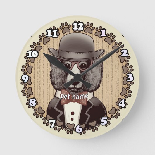 眼鏡をかけたプードル ラウンド壁時計 (正面)