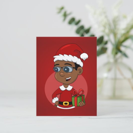 眼鏡をかけた可愛いアフリカ系アメリカ人のクリスマス少年 シーズンポストカード (スタンド正面)
