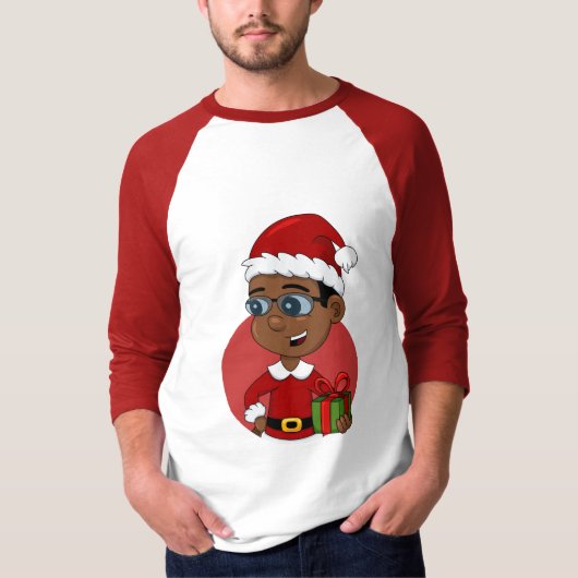眼鏡をかけた可愛いアフリカ系アメリカ人のクリスマス少年 Tシャツ (正面)