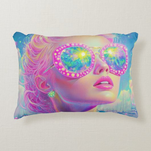 眼鏡をかけた華やかなネオンきらめく女性 アクセントクッション (正面)