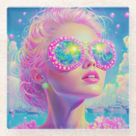 眼鏡をかけた華やかなネオンきらめく女性 ガラスコースター