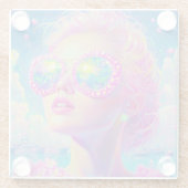 眼鏡をかけた華やかなネオンきらめく女性 ガラスコースター (裏面)