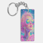 眼鏡をかけた華やかなネオンきらめく女性 キーホルダー (正面左)