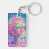 眼鏡をかけた華やかなネオンきらめく女性 キーホルダー (裏面)
