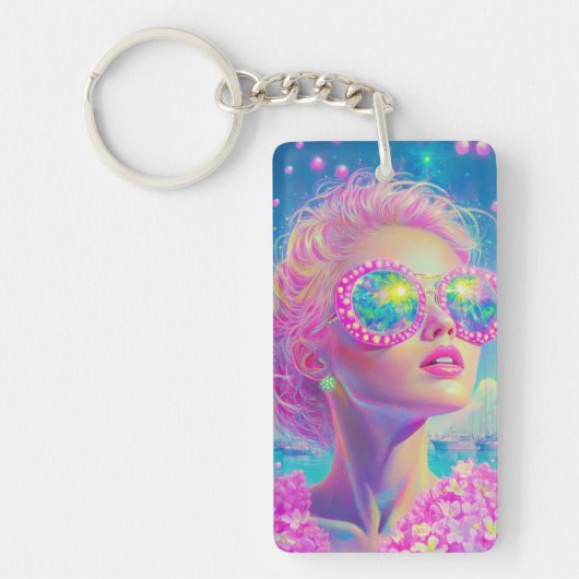 眼鏡をかけた華やかなネオンきらめく女性 キーホルダー (正面)