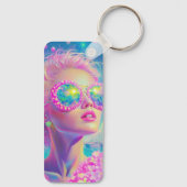眼鏡をかけた華やかなネオンきらめく女性 キーホルダー (裏面)
