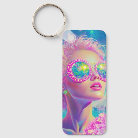 眼鏡をかけた華やかなネオンきらめく女性 キーホルダー (正面)