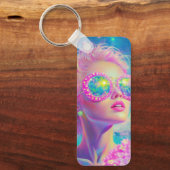 眼鏡をかけた華やかなネオンきらめく女性 キーホルダー (正面)