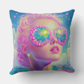 眼鏡をかけた華やかなネオンきらめく女性 クッション (裏面)