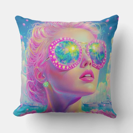 眼鏡をかけた華やかなネオンきらめく女性 クッション (正面)