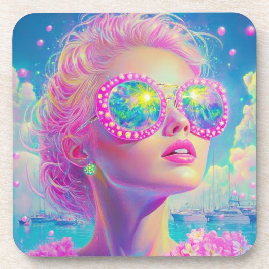 眼鏡をかけた華やかなネオンきらめく女性 コースター (正面)