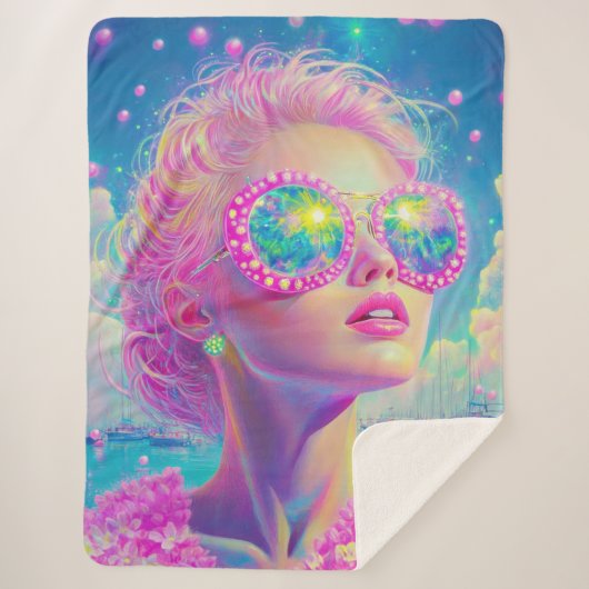眼鏡をかけた華やかなネオンきらめく女性 シェルパブランケット (正面)