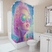 眼鏡をかけた華やかなネオンきらめく女性 シャワーカーテン (インサイチュ)