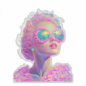 眼鏡をかけた華やかなネオンきらめく女性 シール (正面)