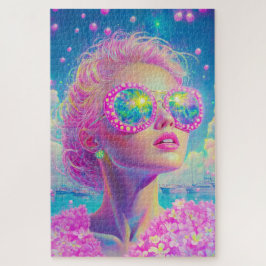 眼鏡をかけた華やかなネオンきらめく女性 ジグソーパズル