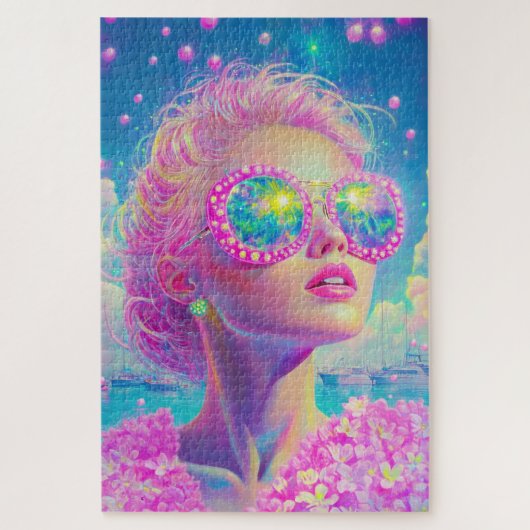 眼鏡をかけた華やかなネオンきらめく女性 ジグソーパズル (縦)