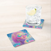 眼鏡をかけた華やかなネオンきらめく女性 スクエアペーパーコースター (インサイチュ)