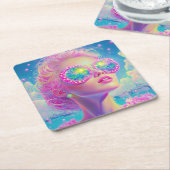 眼鏡をかけた華やかなネオンきらめく女性 スクエアペーパーコースター (アングル)