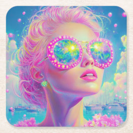 眼鏡をかけた華やかなネオンきらめく女性 スクエアペーパーコースター