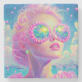 眼鏡をかけた華やかなネオンきらめく女性 ストーンコースター