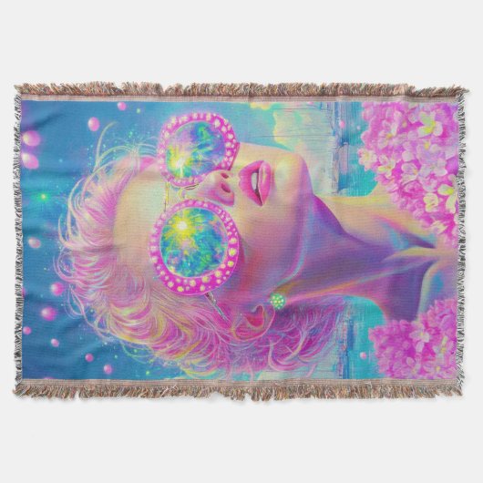 眼鏡をかけた華やかなネオンきらめく女性 スローブランケット (正面)
